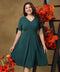 Vneck Buttoned Sleeve Tie Green Dress
